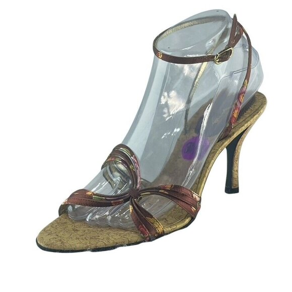 Nina Womens 8.5 Brown & Gold Open-Toe Heels With Ankle Strap - Picture 7 of 11